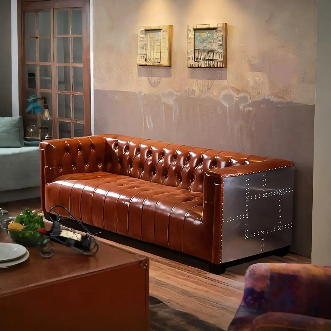 Aviator Three Seater Sofa, Real Leather And Aluminium Luxepalace.co.uk