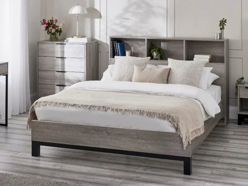 Bali Bookcase Headboard Bed 135cm - Grey Oak Luxepalace
