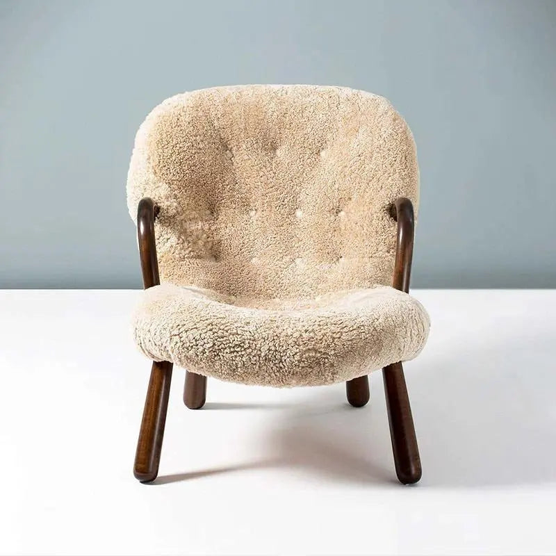 Classic Sheepskin Clam Armchair, Wood Armrest Luxepalace.co.uk