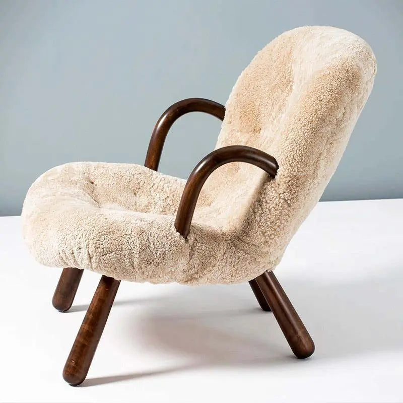 Classic Sheepskin Clam Armchair, Wood Armrest Luxepalace.co.uk