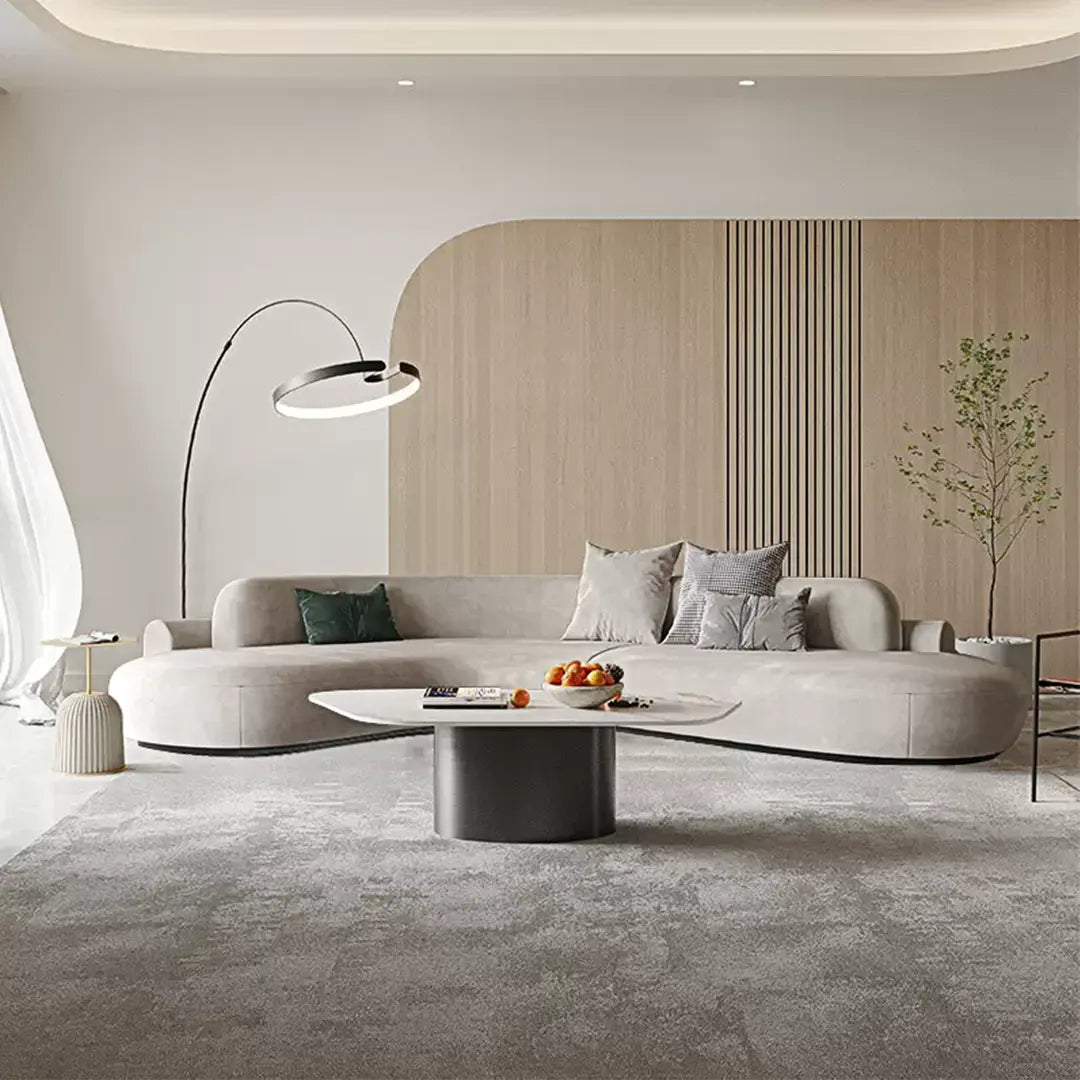 Cosima Grey Four Seater, Five Seater Curved Sofa, Long Sofa Suedue Luxepalace.co.uk