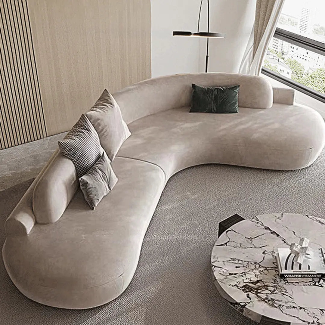 Cosima Grey Four Seater, Five Seater Curved Sofa, Long Sofa Suedue Luxepalace.co.uk