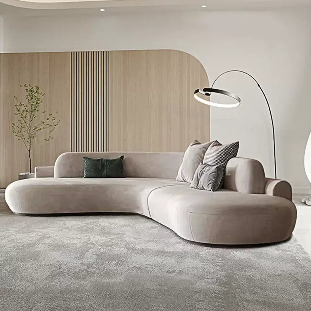 Cosima Grey Four Seater, Five Seater Curved Sofa, Long Sofa Suedue Luxepalace.co.uk