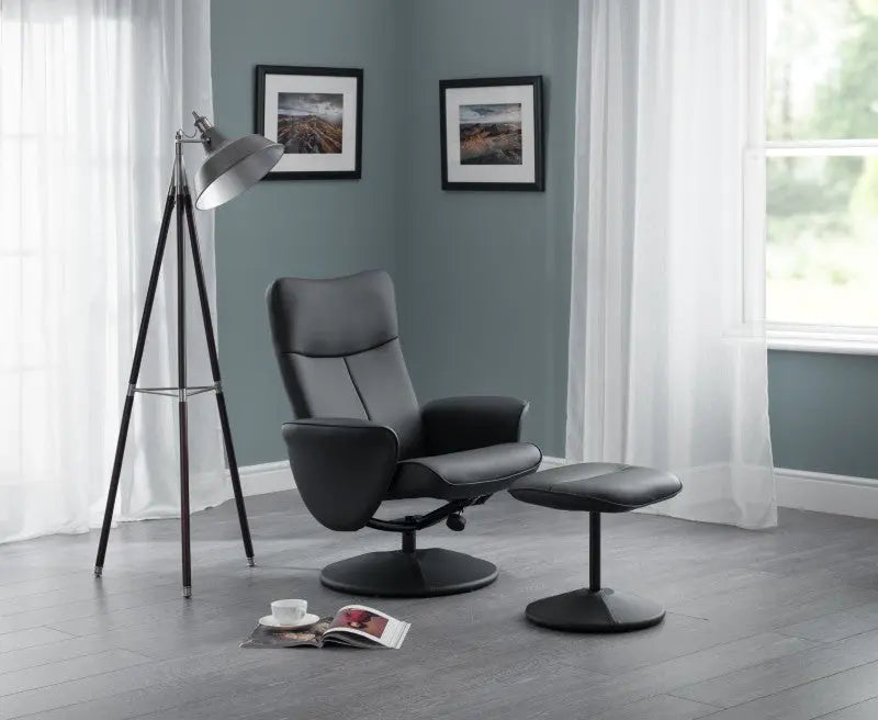 Lugano Recliner & Stool With Covered Base - Black Luxepalace