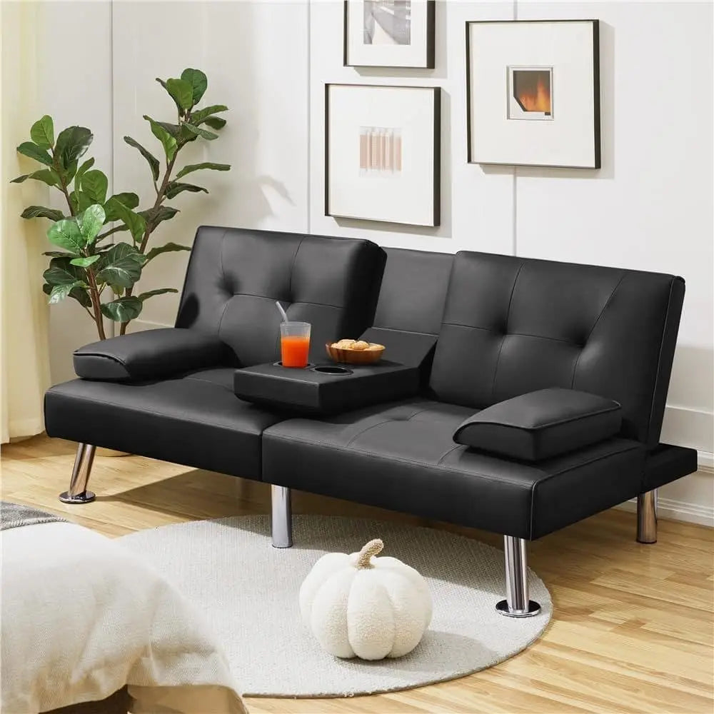 ZEKE Black PU Leather Sofa bed-Chromed Legs 2 Seater Versatile Sofa Luxeplace